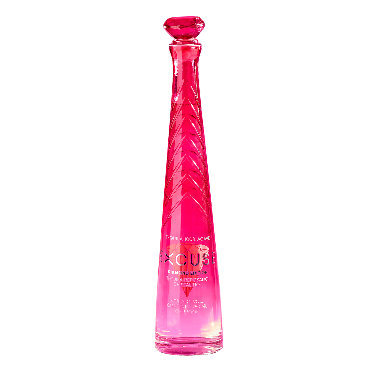 Excuse Tequila Diamond Top Edition bottle, faceted crimson glass with a diamond-cut stopper