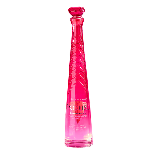 Excuse Tequila Diamond Top Edition bottle, faceted crimson glass with a diamond-cut stopper