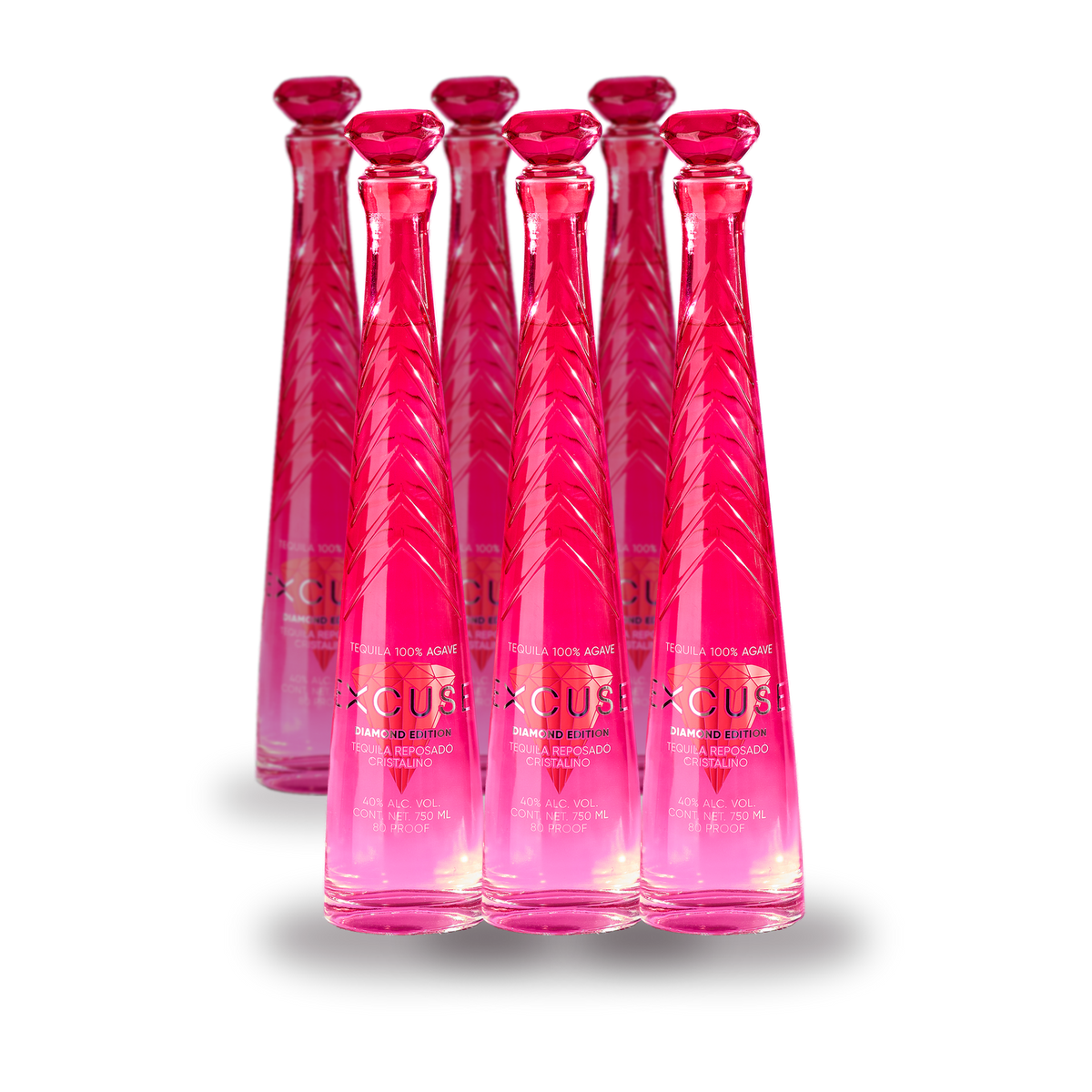 Case of six Excuse Tequila Diamond Top Edition bottles, faceted crimson glass with diamond-cut stoppers