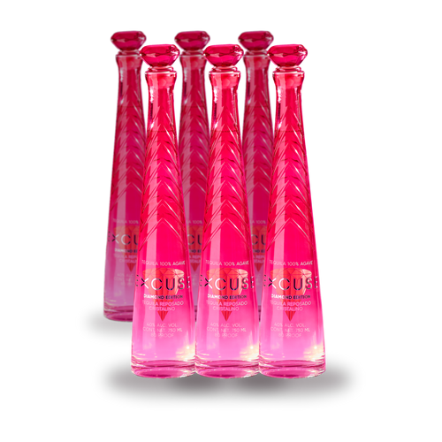 Case of six Excuse Tequila Diamond Top Edition bottles, faceted crimson glass with diamond-cut stoppers